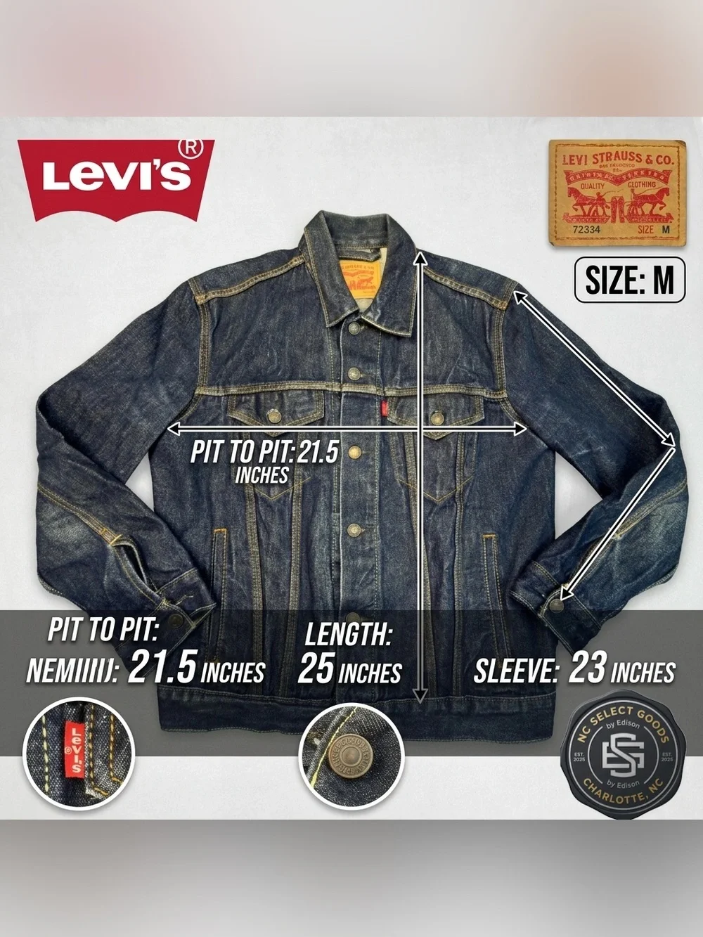 Levi's Men's 72334 Denim Trucker Jacket Size M Medium Dark Wash Red Tab⁠ - Picture 9 of 9